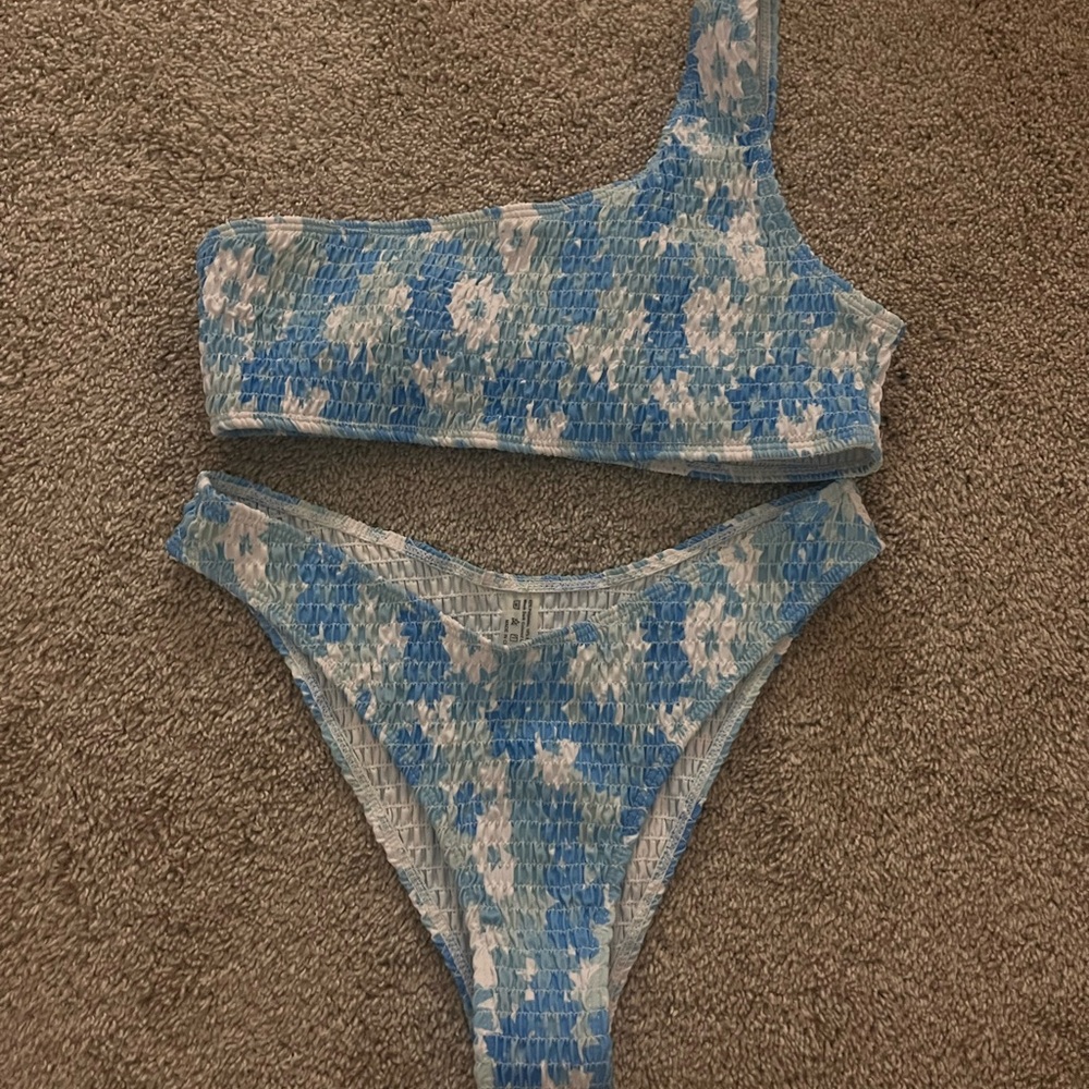 Blue Floral One-Shoulder Bikini Set